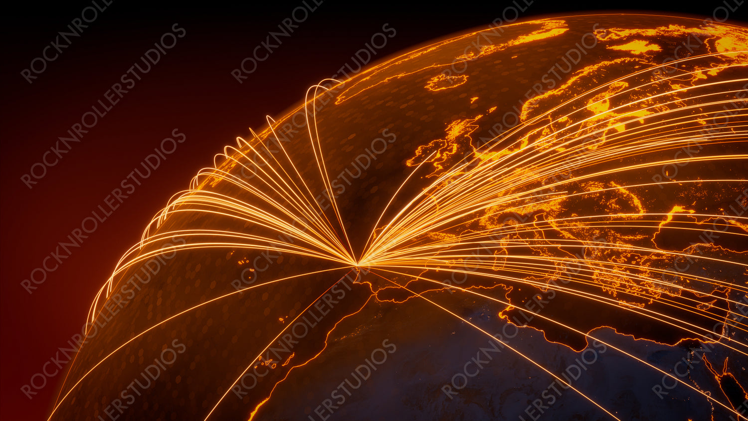 Futuristic Neon Map. Orange Lines connect Lisbon, Portugal with Cities across the World. International Travel or Networking Concept.
