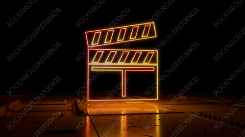Orange and Yellow Entertainment Technology Concept with movie symbol as a neon light. Vibrant colored icon, on a black background with high tech floor. 3D Render