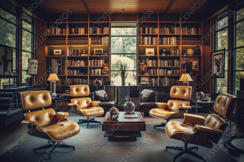 Stylish Library. Mid Century Interior Design Background. Generative AI.