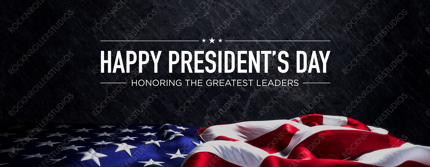 Premium Banner for Presidents day with United States Flag and Black Slate Background.