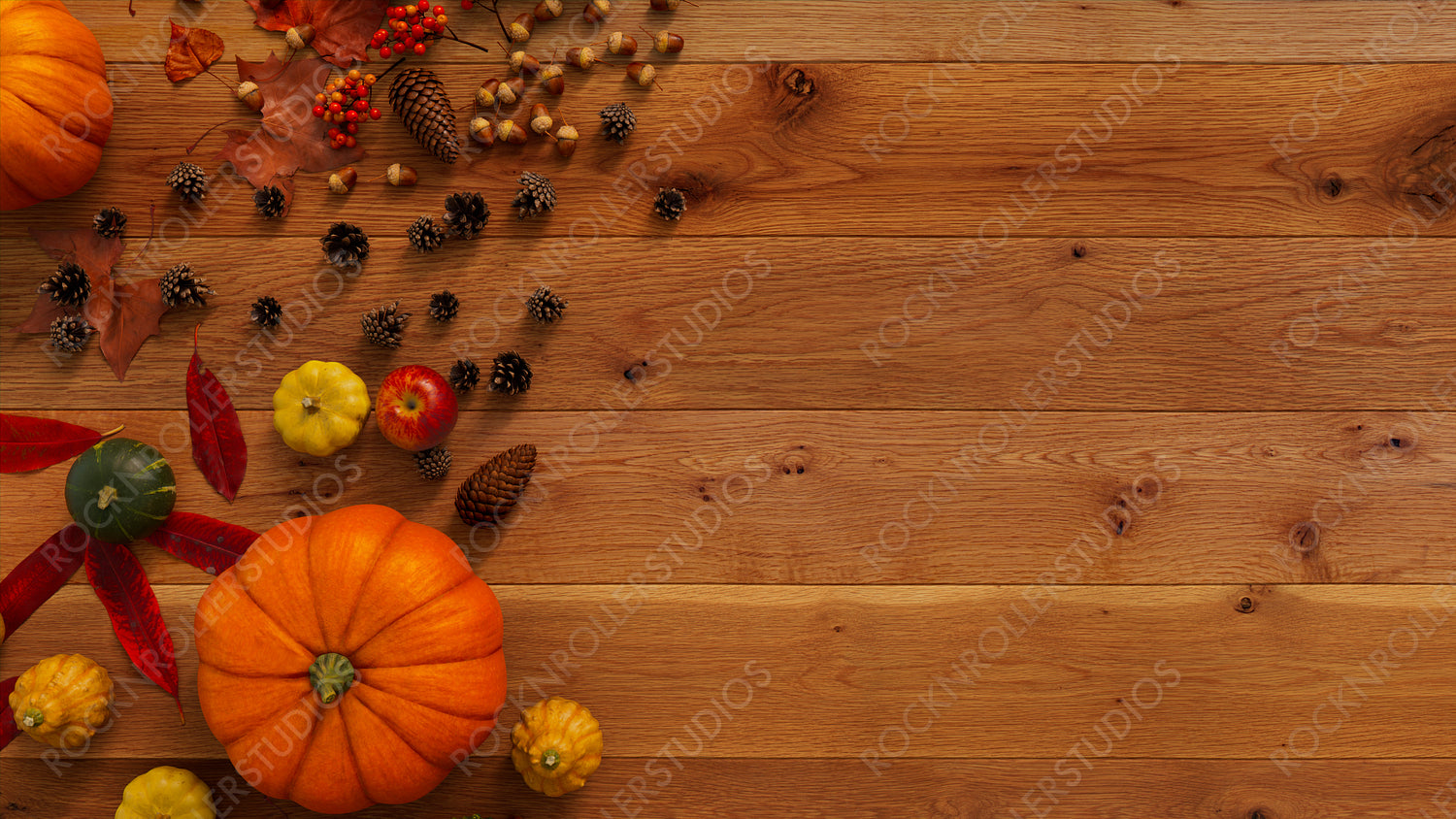 Autumn flat lay with leaves, Gourds and Berries. Thanksgiving concept with copy space.