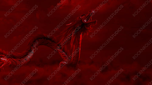 Roaring Chinese Dragon against a Red Cloudy Sky. New Year Concept with copy-space.