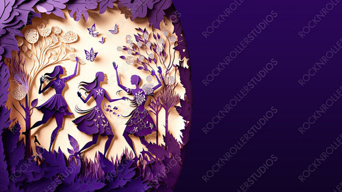 Premium Paper Craft Background to Celebrate International Woman's Day. Purple Floral Design with Dancing Women, Flowers and copy-space. Generative AI.