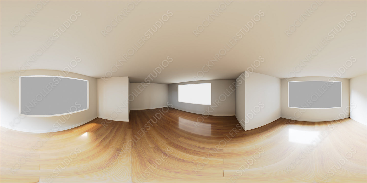 HDRI Environment Map. Empty White Room with Wood Floor. Window illuminates the space with bright natural Light.