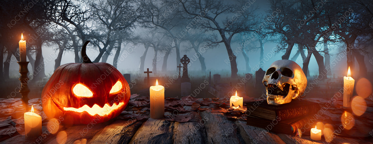 Jack-O-Lantern, Skull and Candles on a Wood Tabletop in a Eerie Cemetery. Halloween Banner.