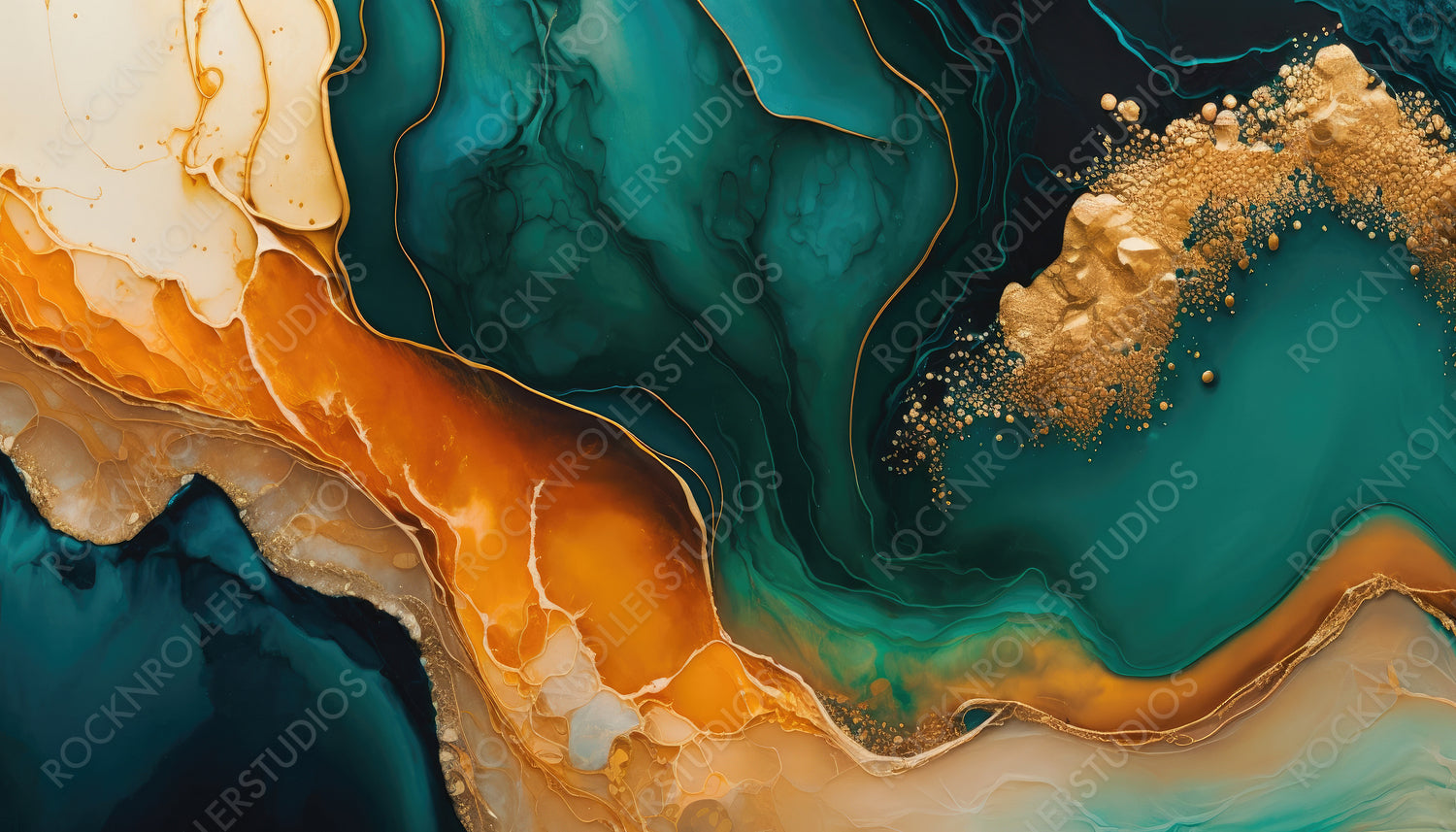 Flowing Modern Acrylic Pour Wallpaper in Beautiful Teal and Orange colors. Liquid texture with Gold Glitter. Generative AI.