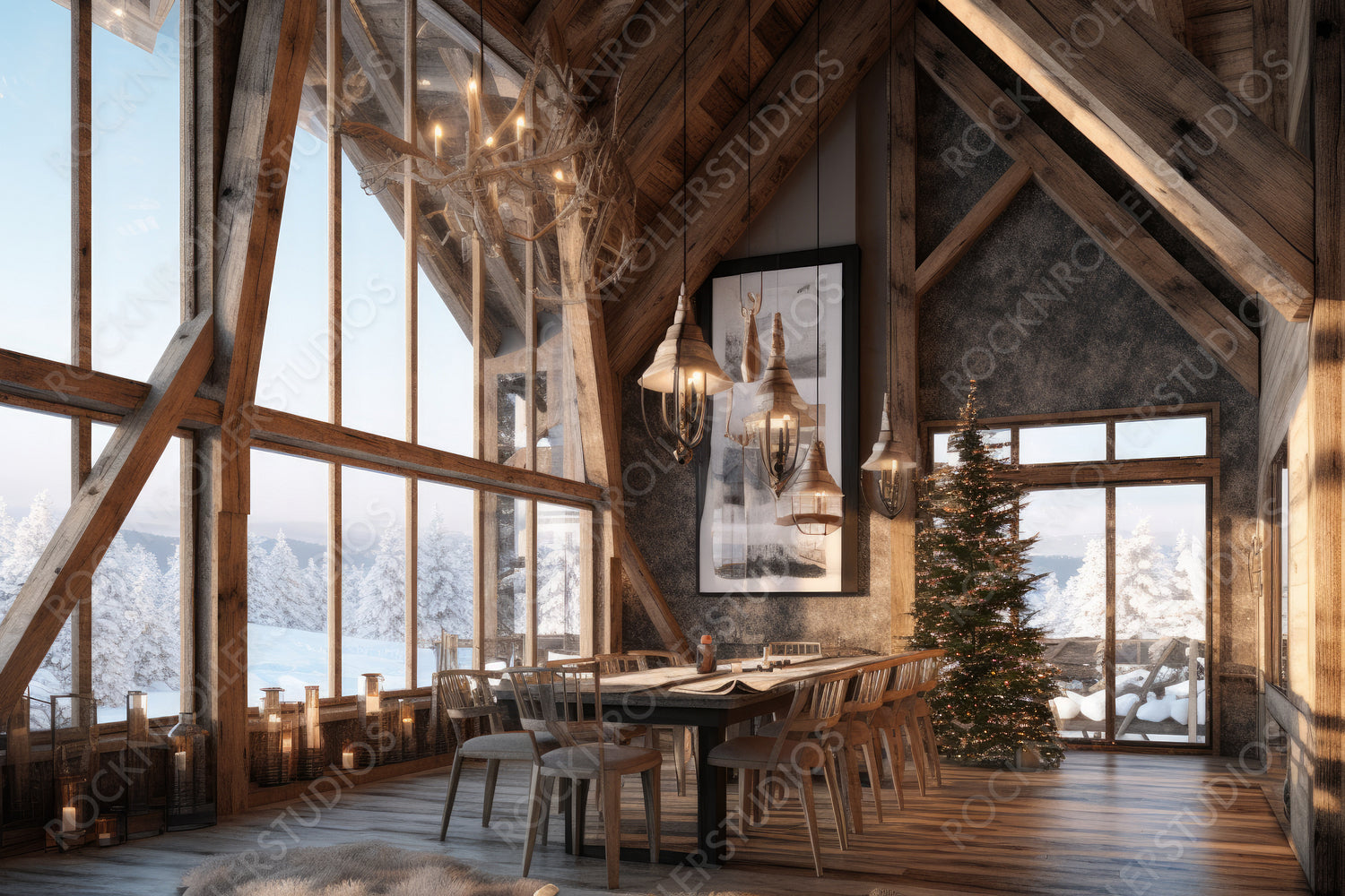 Cozy Ski Chalet. Stylish Interior Design Background. Generative AI.
