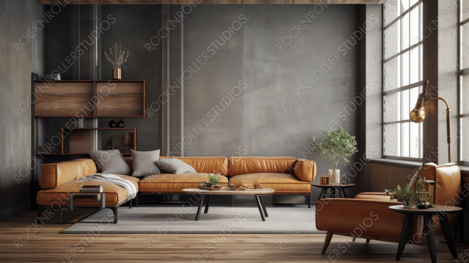 Contemporary Living Room. Industrial Interior Design Background. Generative AI.
