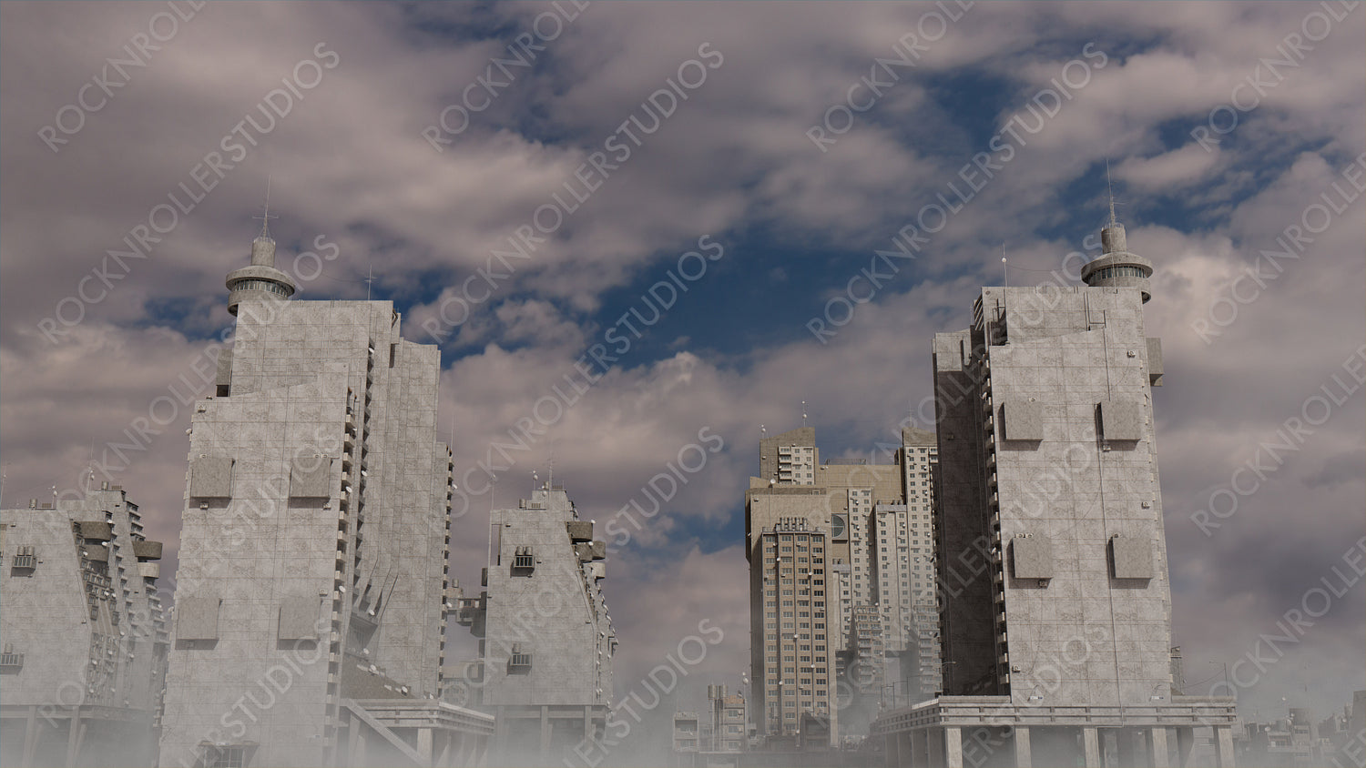 Concrete City Skyline. Soviet Modernist Buildings against a Cloudy Afternoon Sky.