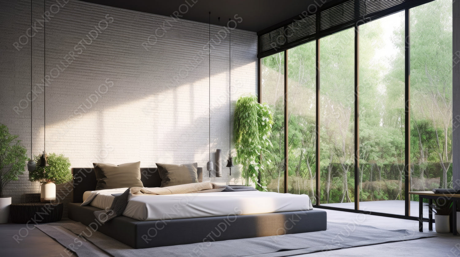 Loft Bedroom Background. Stylish Interior Design. Generative AI.