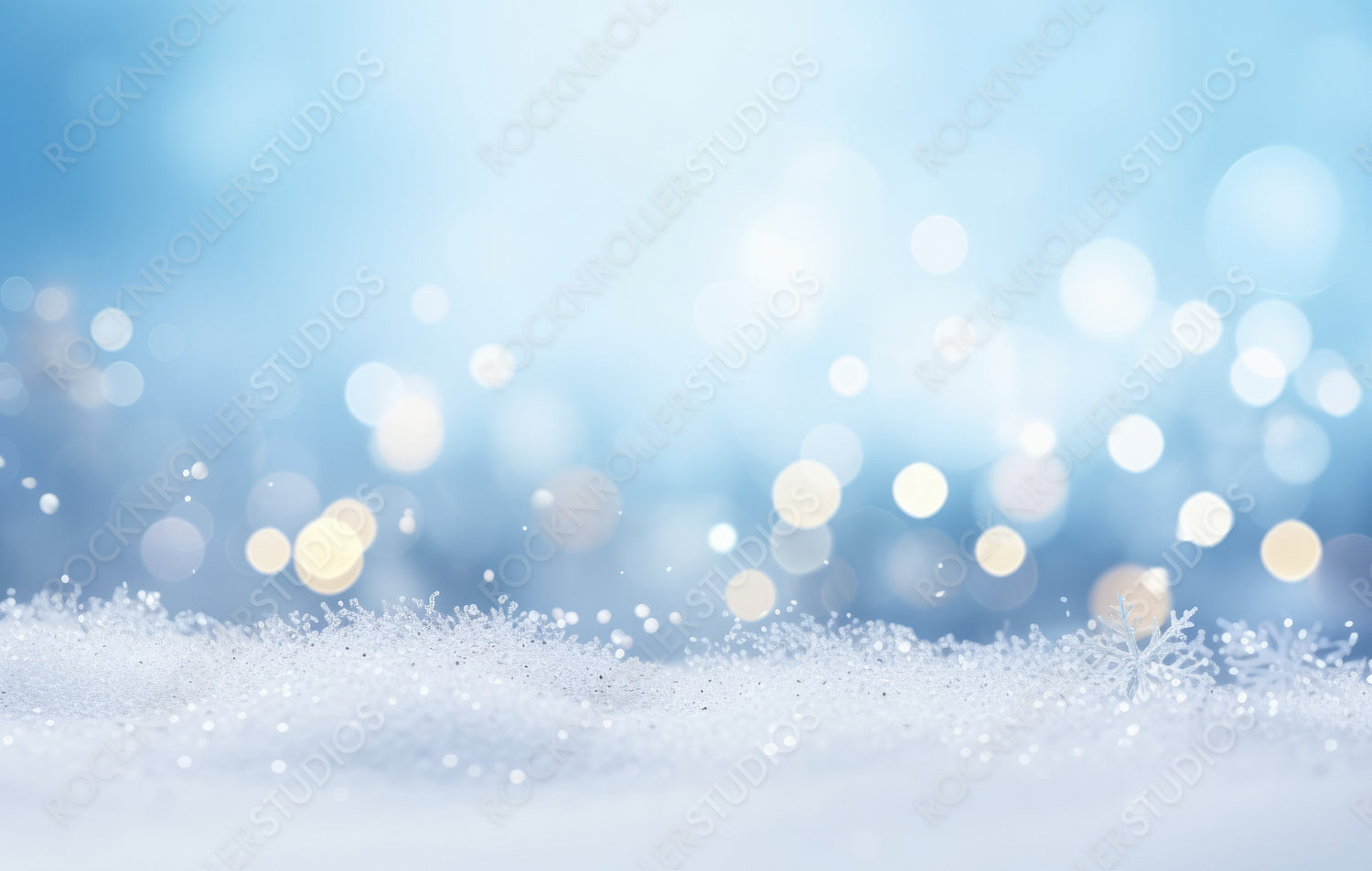 Festive Christmas natural snowy background, abstract empty stage, snow, snowdrift and defocused Christmas lights on light blue background, copy space.