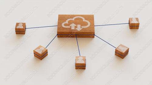 Data storage Technology Concept with cloud Symbol on a Wooden Block. User Network Connections are Represented with Blue string. White background. 3D Render.