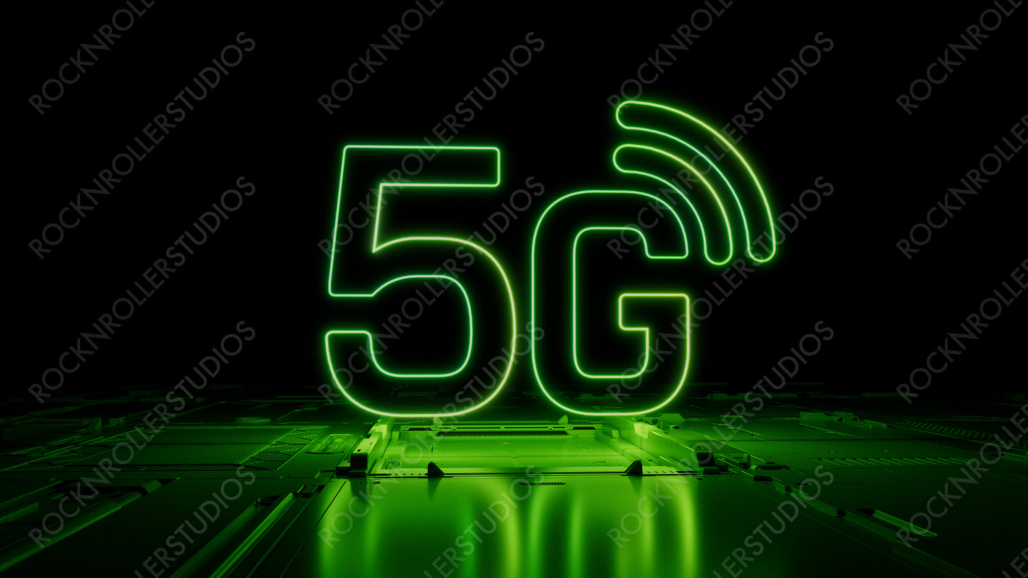 Green Wireless Technology Concept with 5G symbol as a neon light. Vibrant colored icon, on a black background with high tech floor. 3D Render