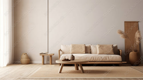 Contemporary Living Room. Wabi-Sabi Interior Design Background. Generative AI.