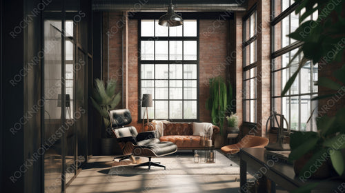 Industrial Living Room Background. Stylish Interior Design. Generative AI.
