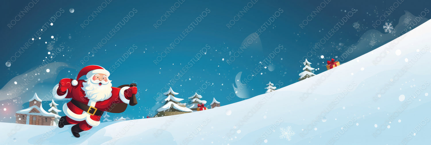 Santa Claus with A Huge Bag on The Run to Deliver Christmas Gifts at Snow Fall. Merry Christmas Illustration.