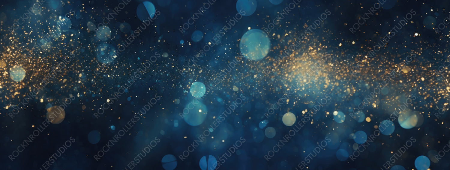 Background of Abstract Glitter Lights. Blue, Gold and Black. De Focused. Banner