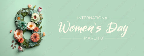 Premium Botanical Banner to Celebrate International Woman's Day. Green Floral Design with Number 8, Flowers and Caption. Generative AI.
