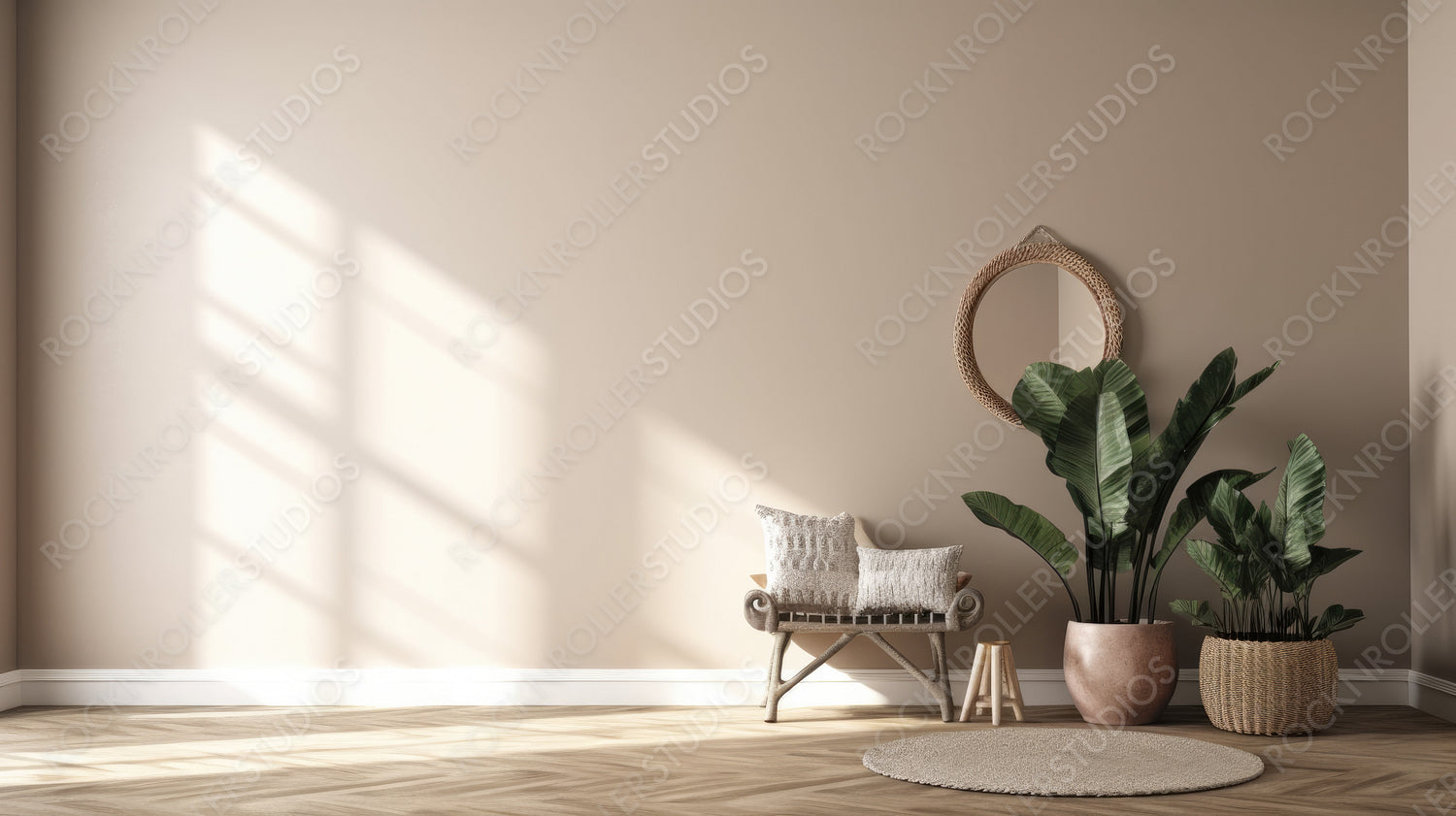 Stylish Living Room. Boho Interior Design Background. Generative AI.