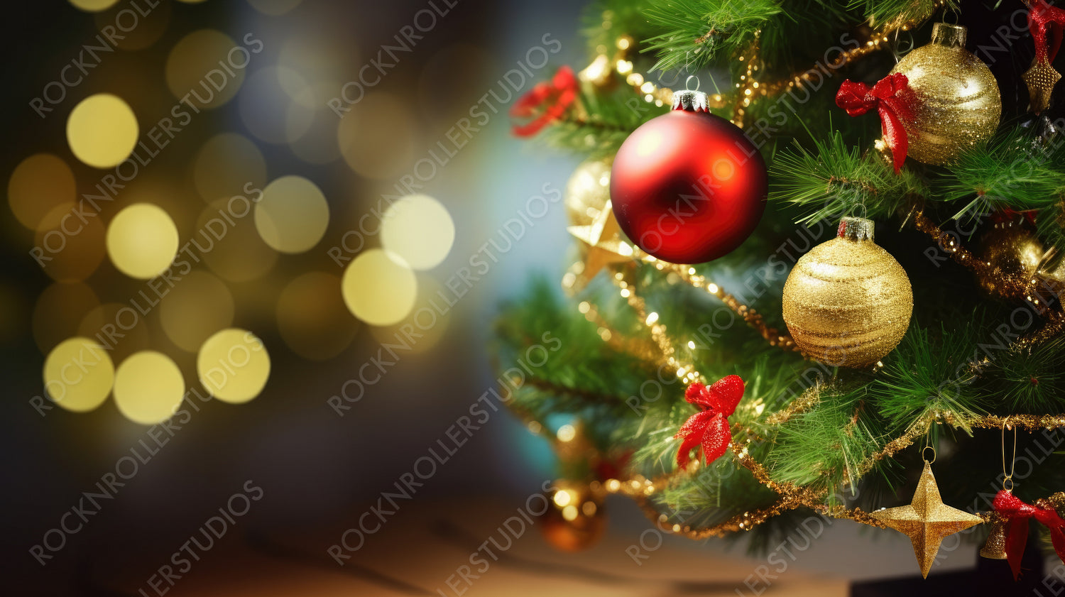 Festive green Christmas tree decorated with gold and red balls and bows with soft focus in evening and beautiful dark blurred defocused sparkling background with golden highlights, copy space.