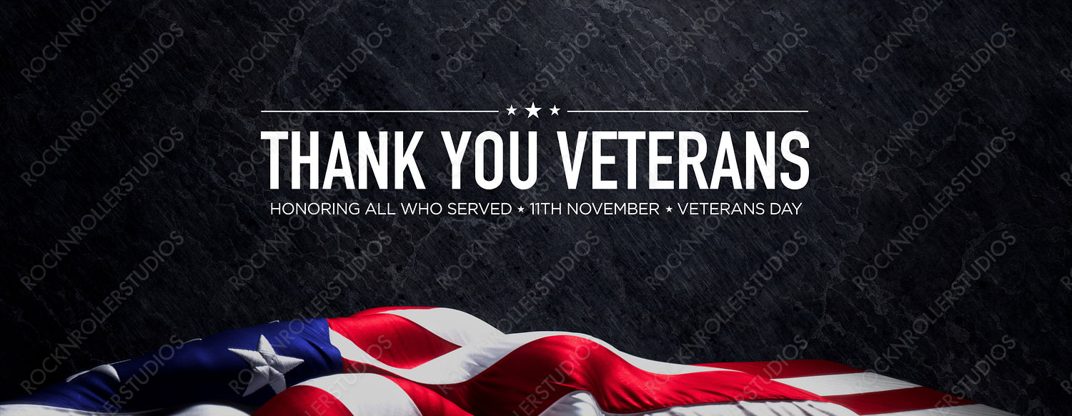 USA Flag Banner with Veterans Day Caption on Black Stone. Authentic Holiday Background.