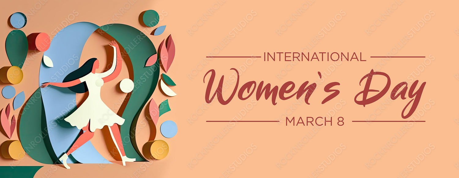Modern Paper Cut Banner to Celebrate International Woman's Day. Multicolored Geometric Design with Dancing Lady, Abstract Shapes and Caption. Generative AI.