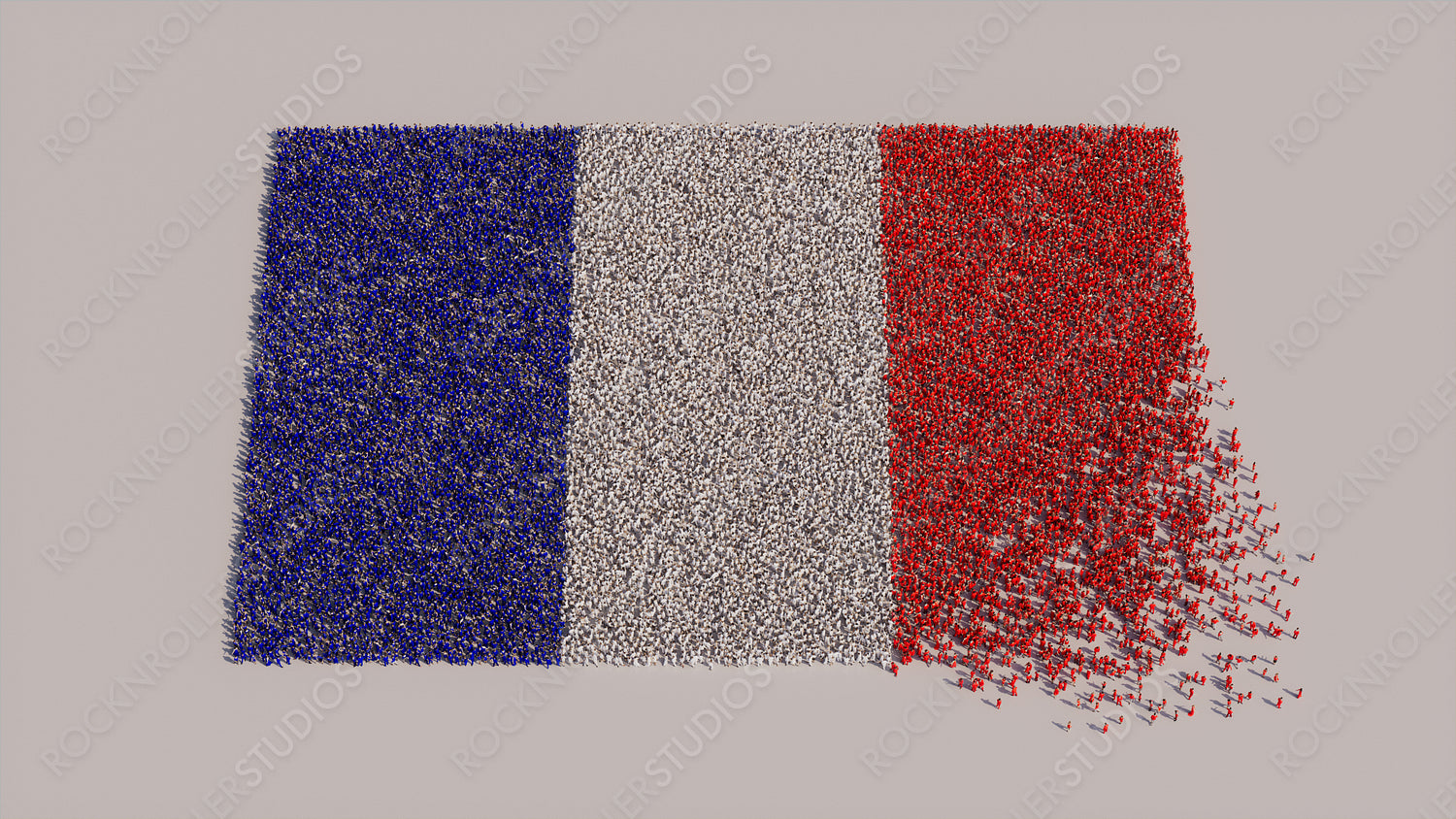Aerial view of a Crowd of People, congregating to form the Flag of France. French Banner on White Background.