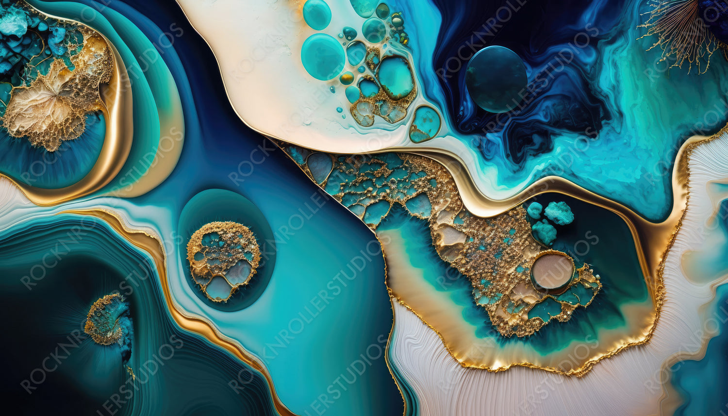 Abstract Acrylic Pour Background. Liquid Swirls in Beautiful Teal and Blue colors, with Gold Glitter. Generative AI.