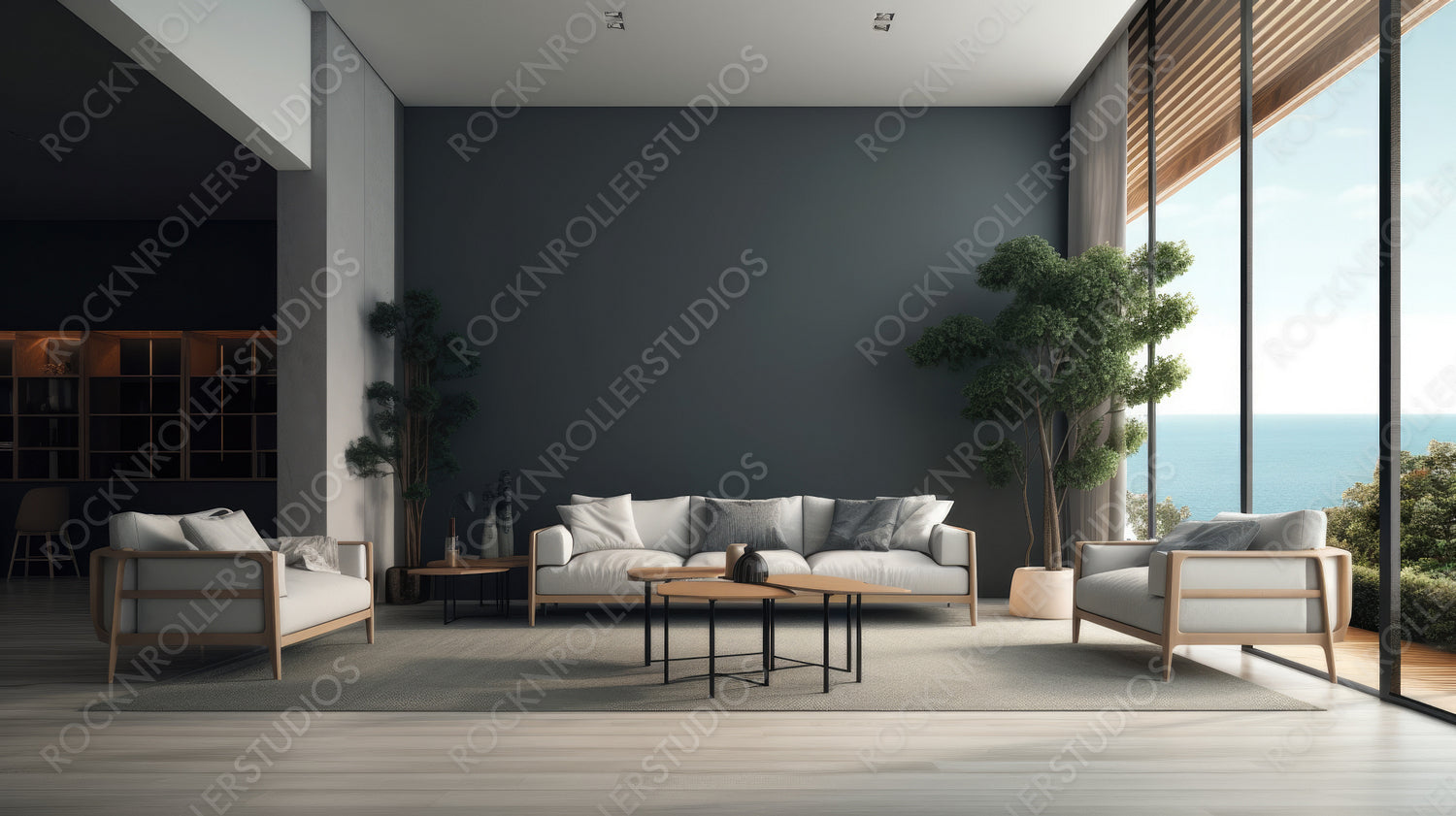 Contemporary Living Room. Scandi Interior Design Background. Generative AI.