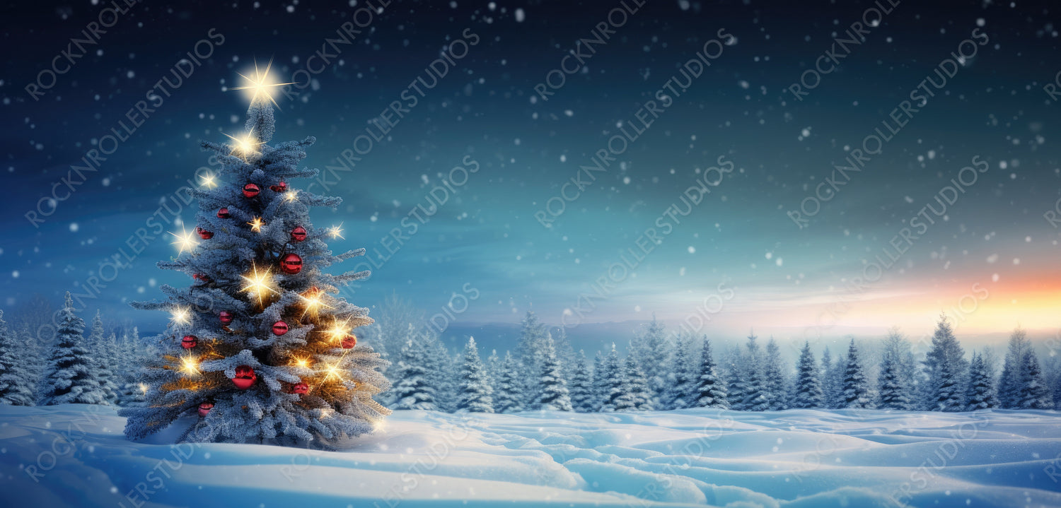 Beautiful Christmas and New Year background with decorated Christmas tree in fluffy snowdrifts against background of evening winter forest, falling snow and magical sky.