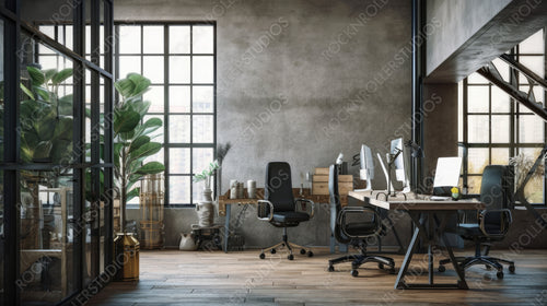 Industrial Office. Stylish Interior Design Background. Generative AI.
