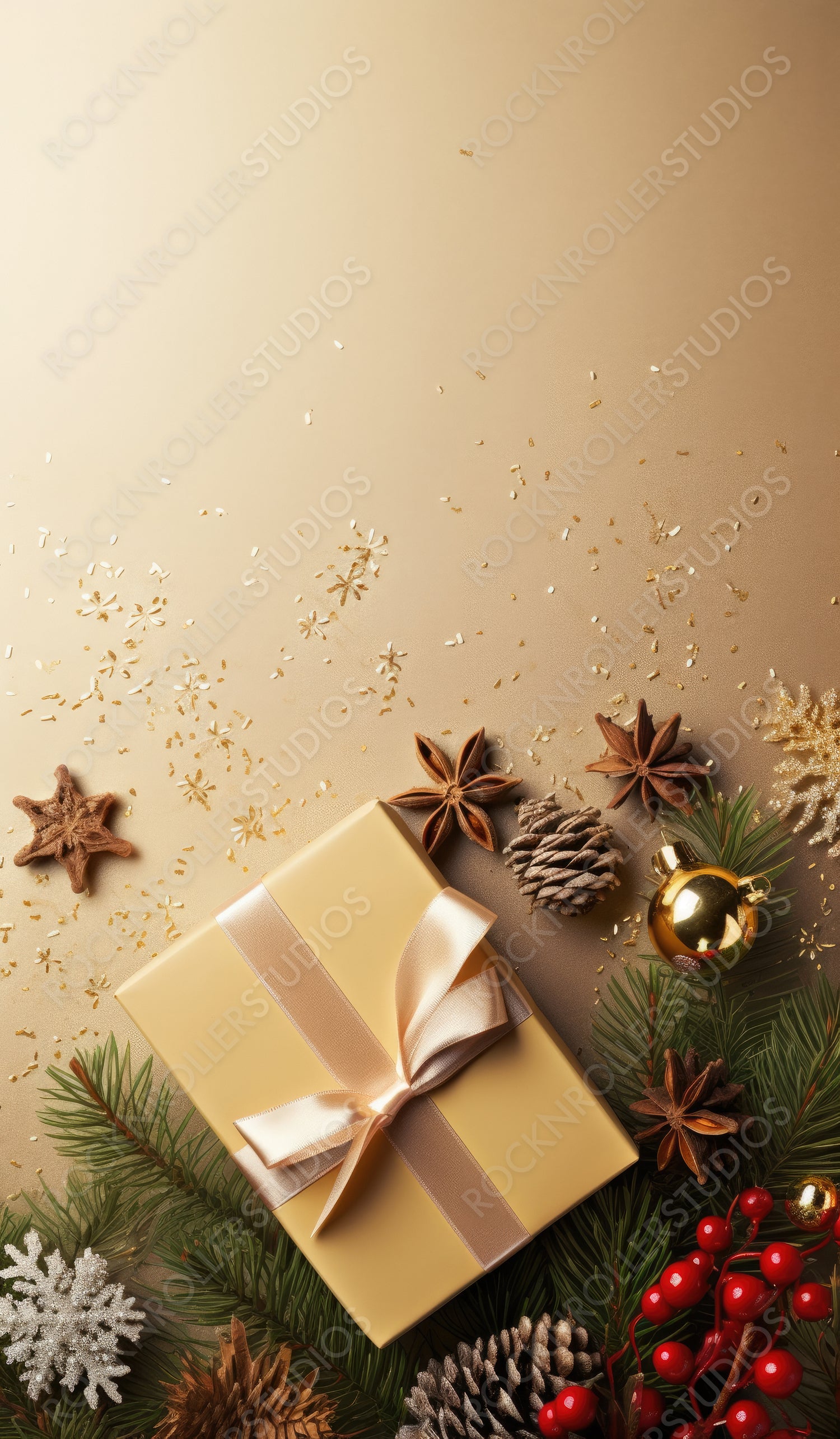 Christmas light gold background with beautiful Golden gift box with gold ribbon, fir branches, cones, stars, top view, copy space.