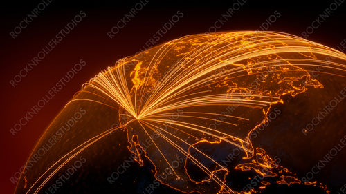 Futuristic Neon Map. Orange Lines connect Las Vegas, USA with Cities across the Globe. International Travel or Communication Concept.