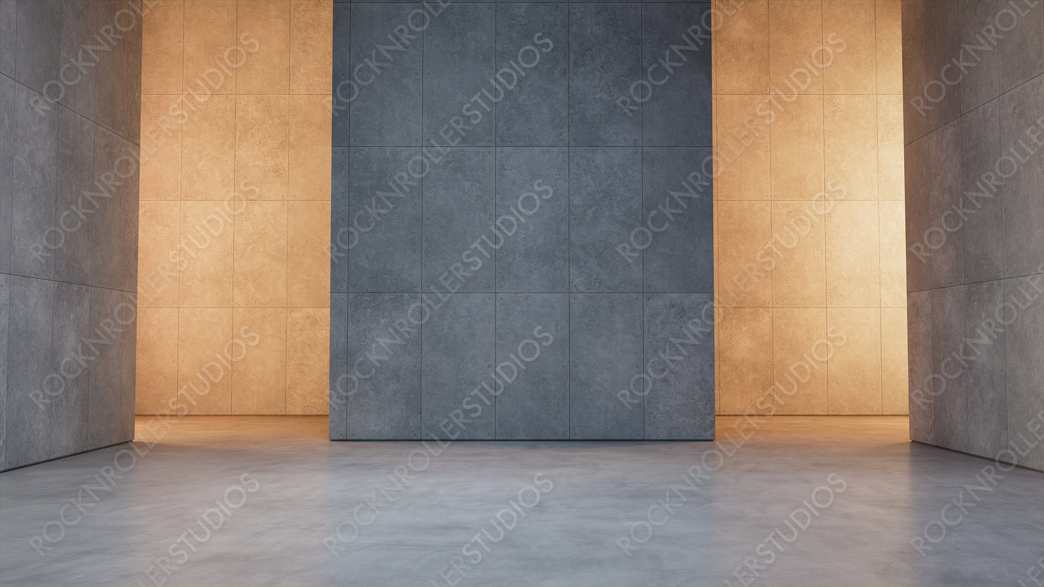 Unfurnished Interior with Tiled Concrete walls and Bare Concrete floor. Art Gallery with Contemporary Architecture. 3D Render.