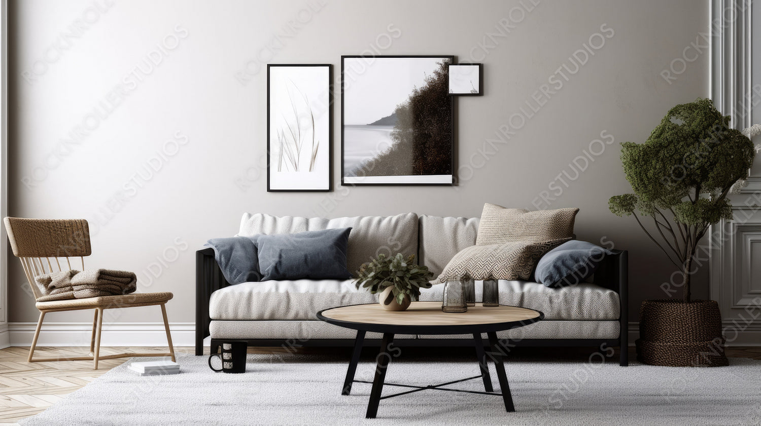 Scandinavian Poster Mockup Background. Contemporary Interior Design. Generative AI.