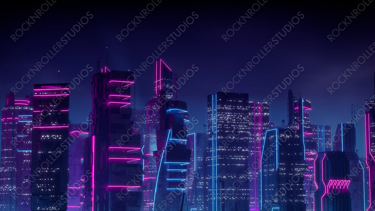 Futuristic City Skyline with Blue and Pink Neon lights. Night scene with Futuristic Skyscrapers.