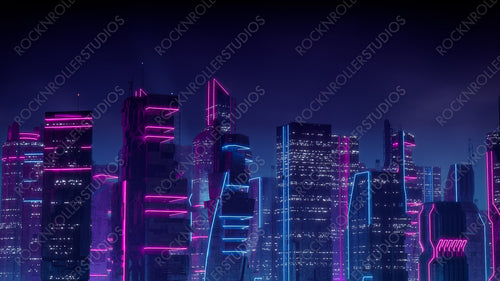 Futuristic City Skyline with Blue and Pink Neon lights. Night scene with Futuristic Skyscrapers.