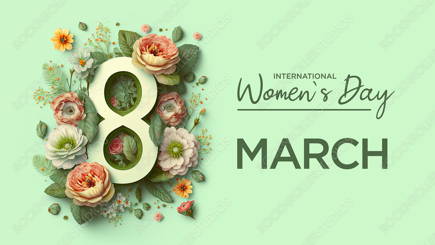 Number 8 in a Green Floral Design. Elegant Botanical Background with Flowers and Caption, to Celebrate International Woman's Day. Generative AI