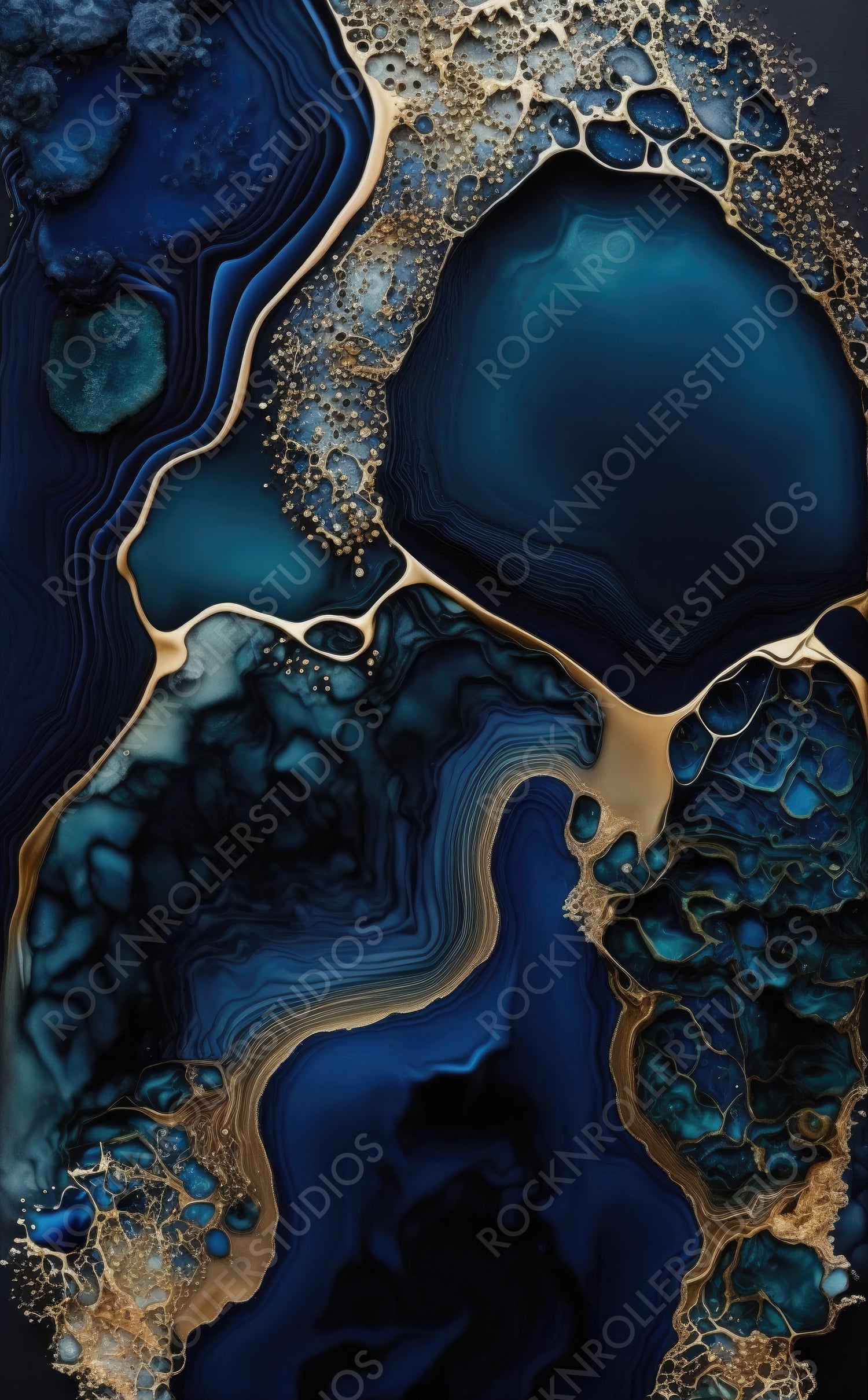 Abstract Art Background. Paint Swirls in Beautiful Navy Blue colors, with Gold Glitter. Generative AI.