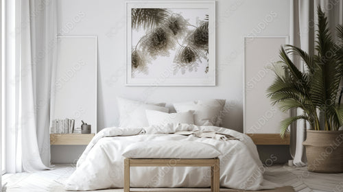 Scandinavian Interior Design Background. Contemporary Bedroom. Generative AI.
