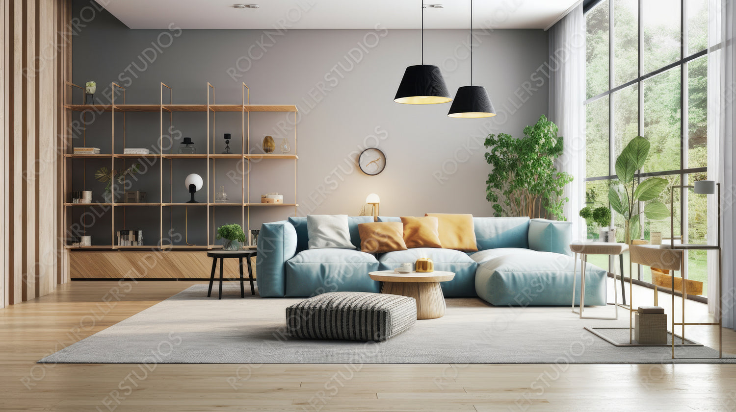 Modern Living Room Background. Contemporary Interior Design. Generative AI.