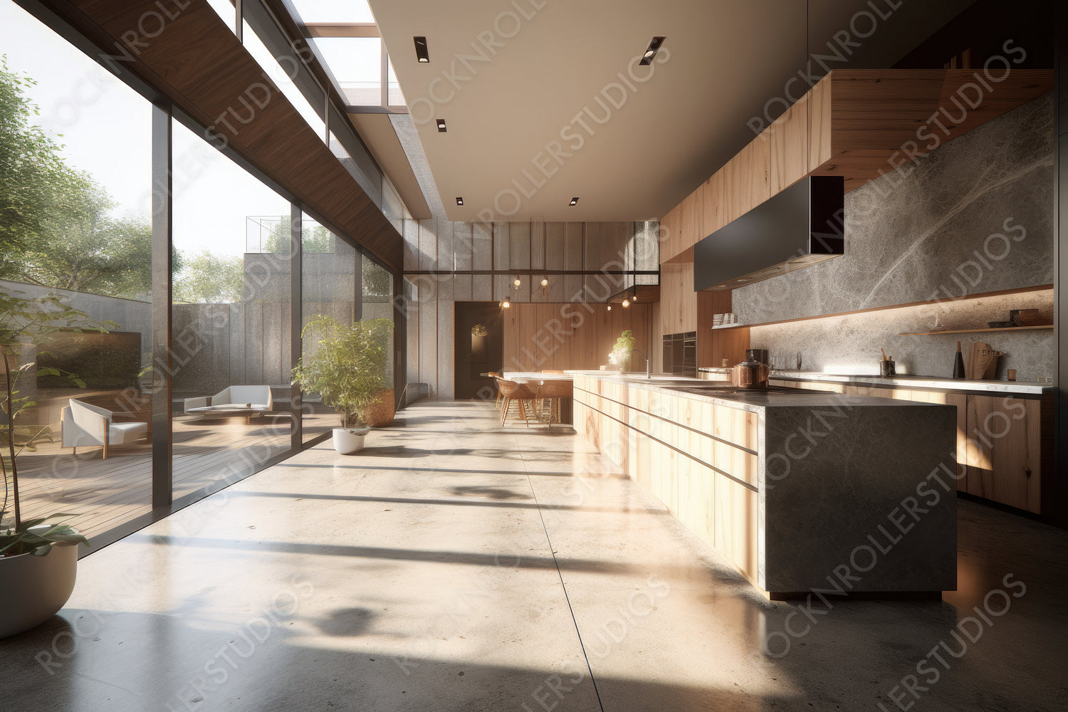 Stylish Interior Design Background. Modernist Kitchen. Generative AI.