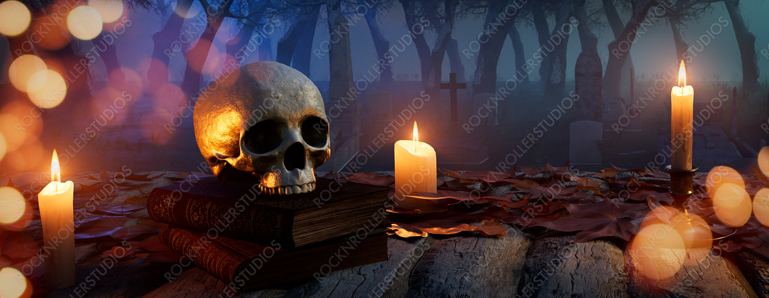 Skull and Candles on a Wood Tabletop in a Creepy Cemetery. Halloween Banner.