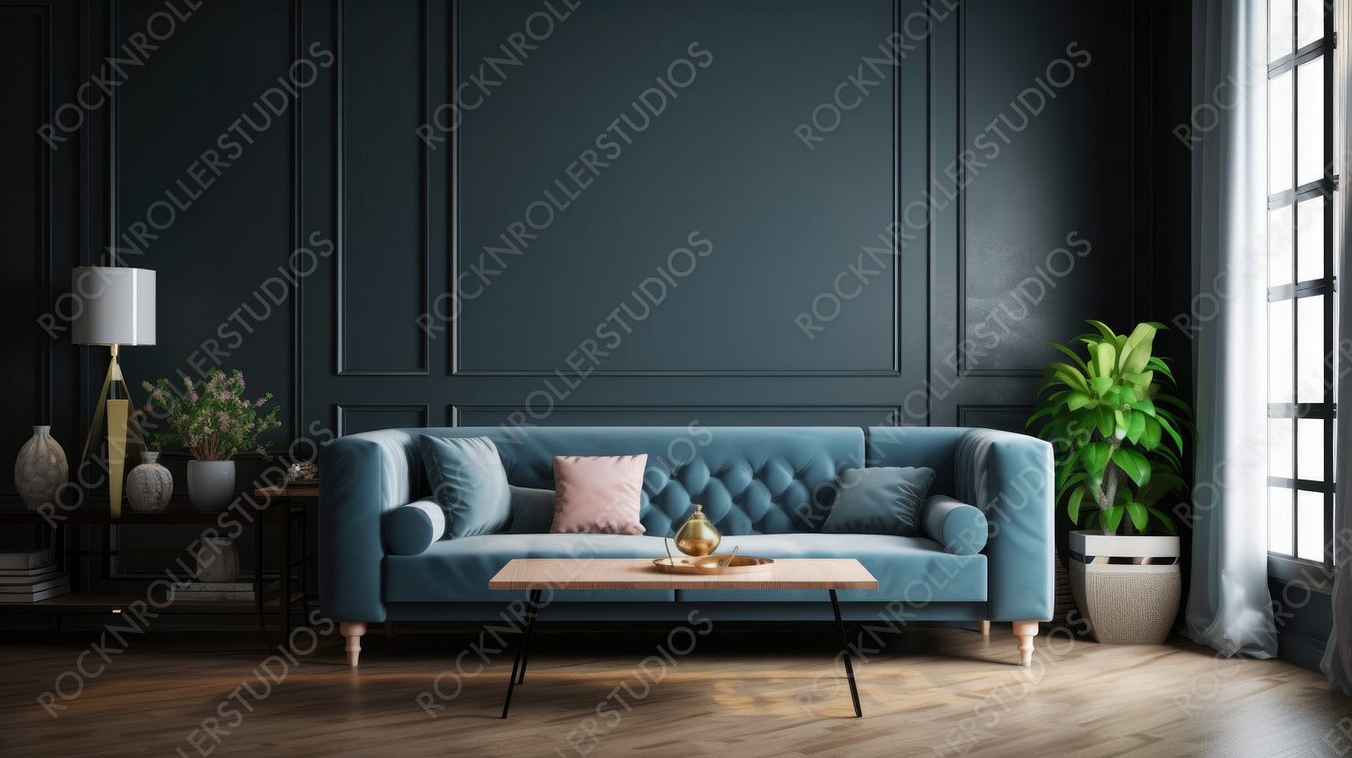 Stylish Living Room. Modern Interior Design Background. Generative AI.