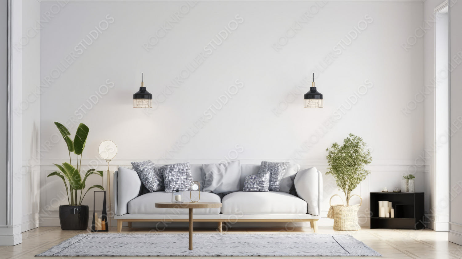 Modern Living Room. Contemporary Interior Design Background. Generative AI.