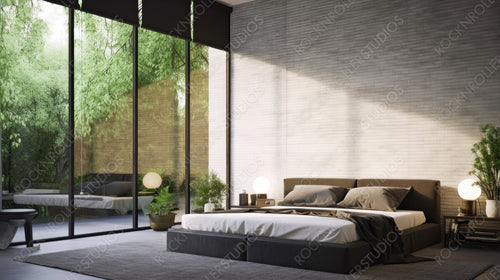Loft Bedroom. Stylish Interior Design Background. Generative AI.