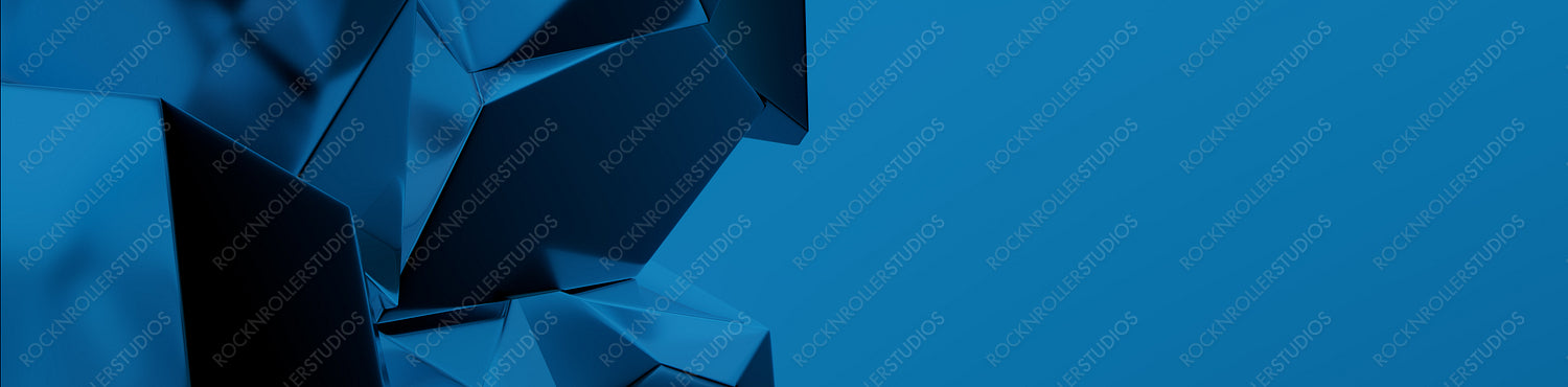 Vibrant Blue Glass Fragments form a Trendy Tech Banner. Reflective 3D Render with copy-space.