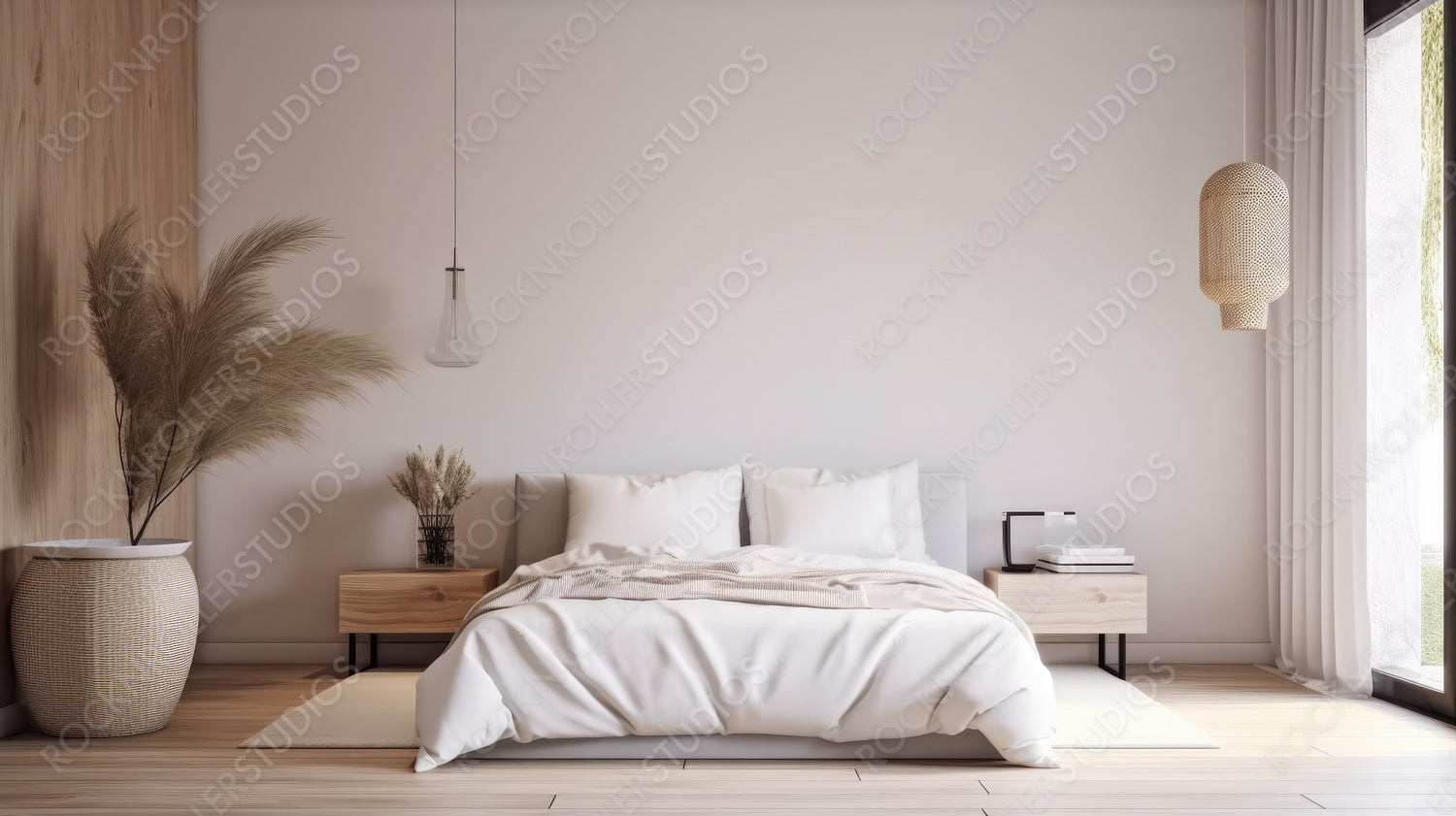 Stylish Interior Design Background. Modern Bedroom. Generative AI.