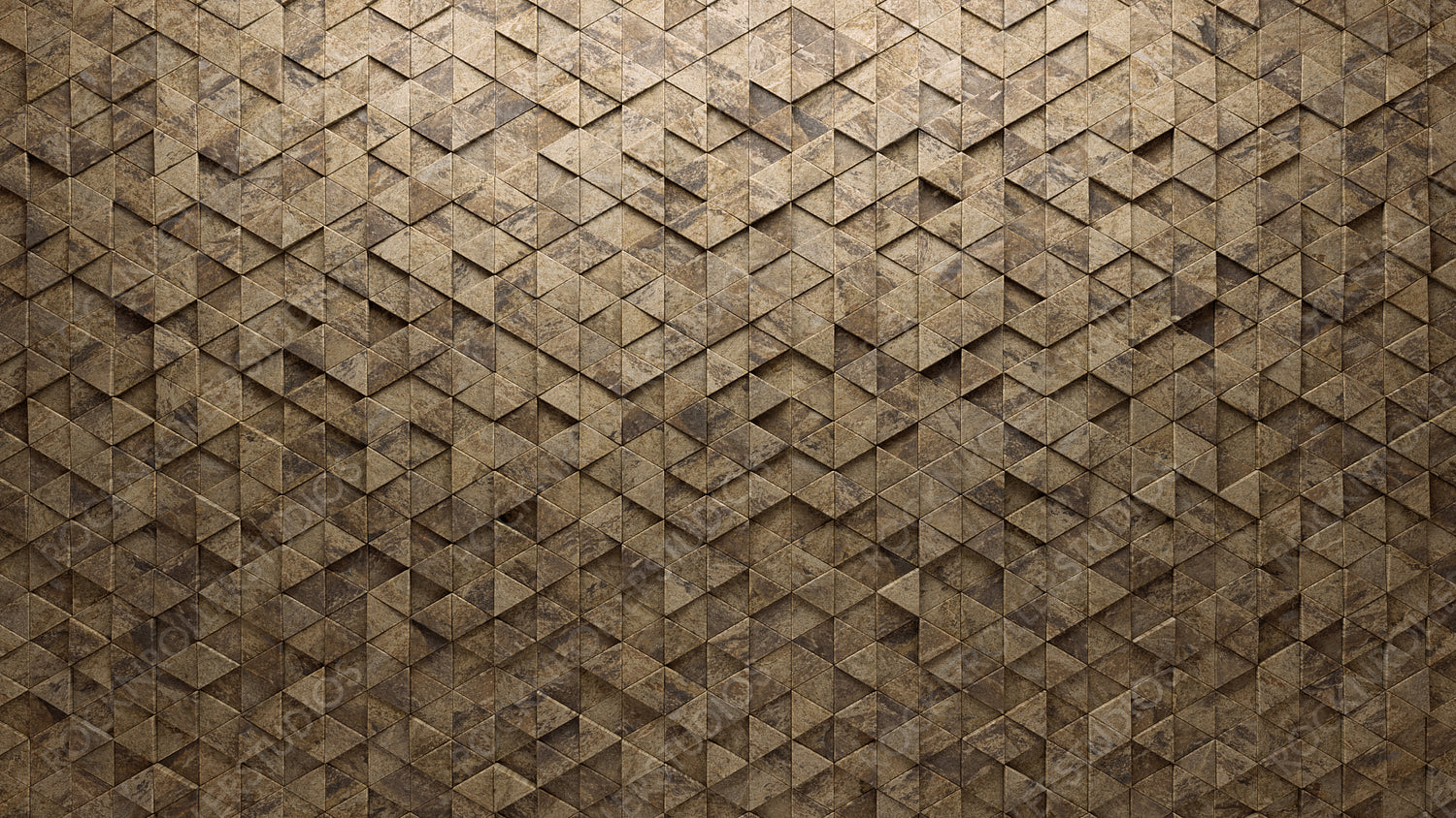 Triangular, Semigloss Mosaic Tiles arranged in the shape of a wall. Polished, Natural Stone, Bricks stacked to create a 3D block background. 3D Render