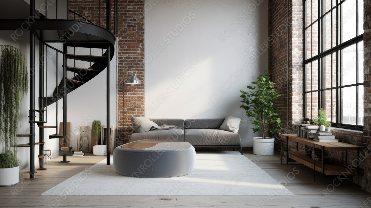 Contemporary Living Room. Industrial Interior Design Background. Generative AI.